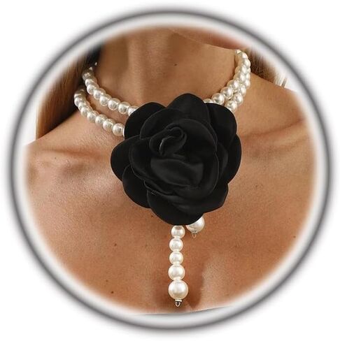 Layered Fabric Flower Pearl Choker Necklace for Women,White Pearl Double-Layer Beaded Necklace Trendy Party Banquet Jewelry Accessories Gift in Saudi Arabia