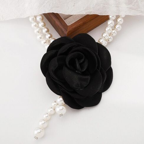 Layered Fabric Flower Pearl Choker Necklace for Women,White Pearl Double-Layer Beaded Necklace Trendy Party Banquet Jewelry Accessories Gift in Saudi Arabia