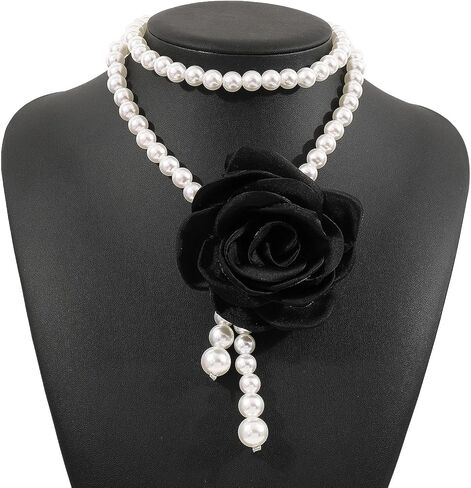 Layered Fabric Flower Pearl Choker Necklace for Women,White Pearl Double-Layer Beaded Necklace Trendy Party Banquet Jewelry Accessories Gift in Saudi Arabia