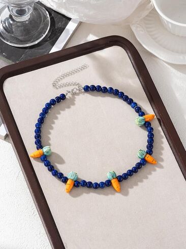 اليدوية مطرز قلادة البحرية الأزرق الخرز الجزرة المختنق القلائد للنساء شخصية مستديرة ملونة مطرز قلادة قلادة الأزياء طوق المجوهرات in Kuwait