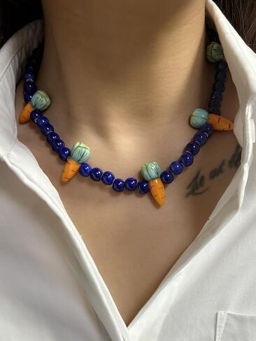 اليدوية مطرز قلادة البحرية الأزرق الخرز الجزرة المختنق القلائد للنساء شخصية مستديرة ملونة مطرز قلادة قلادة الأزياء طوق المجوهرات in Kuwait