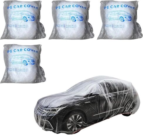 4 PCS Disposable Car Covers, 12.47Ft x 21.65Ft Plastic Car Protective Covers, Rainproof Clear Outdoor Auto Hood with Elastic Band, Universal for Most Vehicles (Transparent) in Saudi Arabia