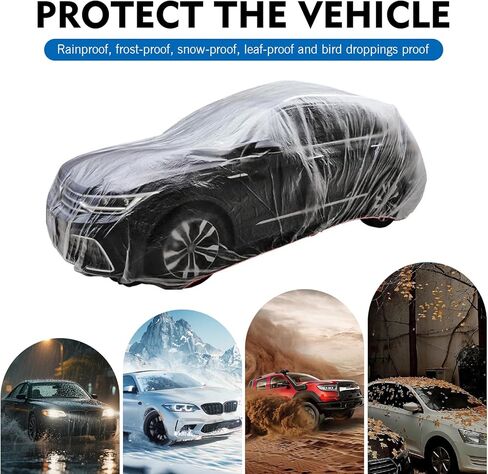 4 PCS Disposable Car Covers, 12.47Ft x 21.65Ft Plastic Car Protective Covers, Rainproof Clear Outdoor Auto Hood with Elastic Band, Universal for Most Vehicles (Transparent) in Saudi Arabia