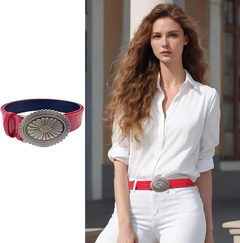 Red Leather Belt for Women, Western Cowgirls Belts Ladies Y2K Country Waist Belt for Pants Jeans Dress Cowboy Cowgirls Belt in Kuwait