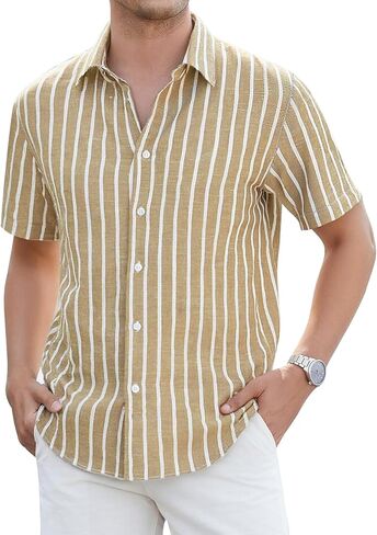 Damipow Mens Linen Shirts Short Sleeve Cotton Striped Casual Button Down Shirt Beach Vacation Summer Shirts in Kuwait