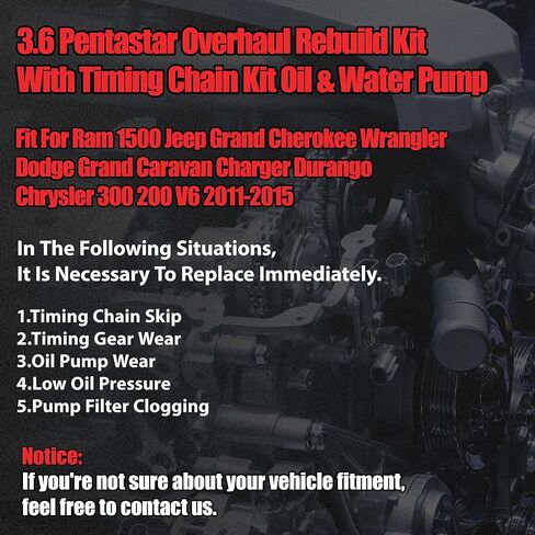 Pentastar 3.6 Overhaul Rebuild Kit With Timing Chain Kit Oil & Water Pump Fit For Ram 1500 Jeep Grand Cherokee Wrangler Dodge Grand Caravan Charger Durango Chrysler 300 200 3.6L V6 2011-2015 in Kuwait