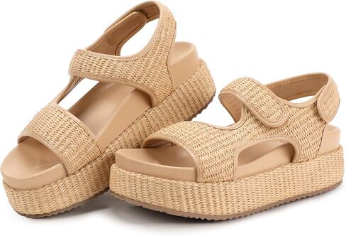 IDIFU IN2 Raffia Platform Sandals Women Espadrille Flatform Chunky Round Open Toe Woven Slingback Two Hook and Loop Straps Beach Comfortable Summer Walking Cute Casual Trendy Wedge Sandals in Saudi Arabia