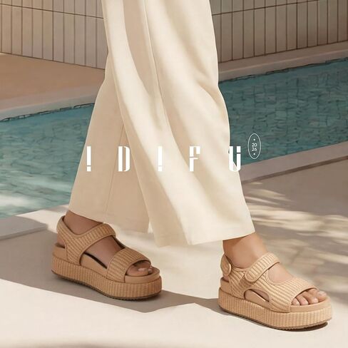 IDIFU IN2 Raffia Platform Sandals Women Espadrille Flatform Chunky Round Open Toe Woven Slingback Two Hook and Loop Straps Beach Comfortable Summer Walking Cute Casual Trendy Wedge Sandals in Saudi Arabia