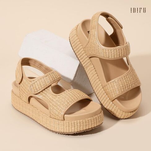 IDIFU IN2 Raffia Platform Sandals Women Espadrille Flatform Chunky Round Open Toe Woven Slingback Two Hook and Loop Straps Beach Comfortable Summer Walking Cute Casual Trendy Wedge Sandals in Saudi Arabia