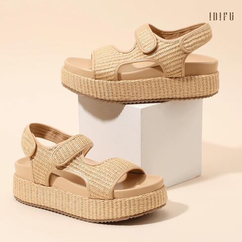 IDIFU IN2 Raffia Platform Sandals Women Espadrille Flatform Chunky Round Open Toe Woven Slingback Two Hook and Loop Straps Beach Comfortable Summer Walking Cute Casual Trendy Wedge Sandals in Saudi Arabia