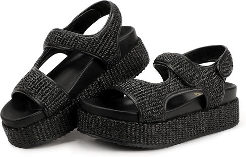 IDIFU IN2 Raffia Platform Sandals Women Espadrille Flatform Chunky Round Open Toe Woven Slingback Two Hook and Loop Straps Beach Comfortable Summer Walking Cute Casual Trendy Wedge Sandals in Saudi Arabia