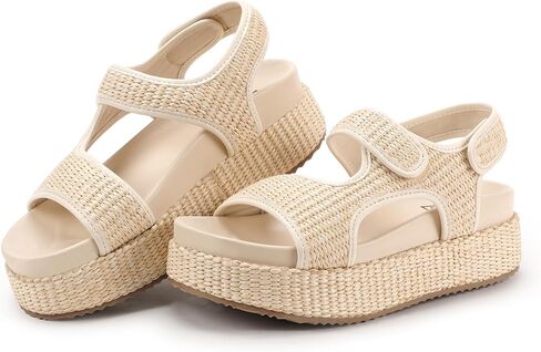 IDIFU IN2 Raffia Platform Sandals Women Espadrille Flatform Chunky Round Open Toe Woven Slingback Two Hook and Loop Straps Beach Comfortable Summer Walking Cute Casual Trendy Wedge Sandals in Saudi Arabia
