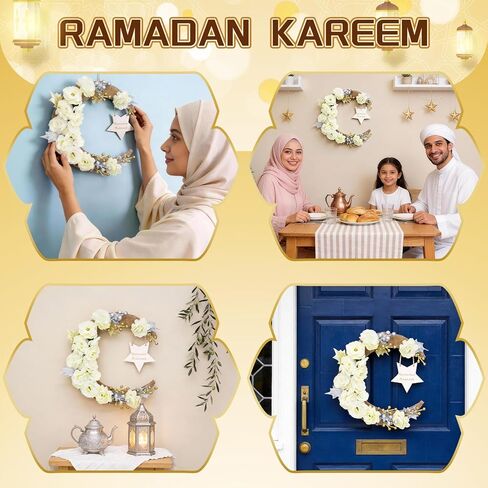 Ramadan Door Wreath Eid Ramadan Mubarak Decorations for Home Front Door Wall Window Indoors Outdoor Farmhouse Decor with Artificial Flowers Metal Champagne 12.6 Inches in Saudi Arabia