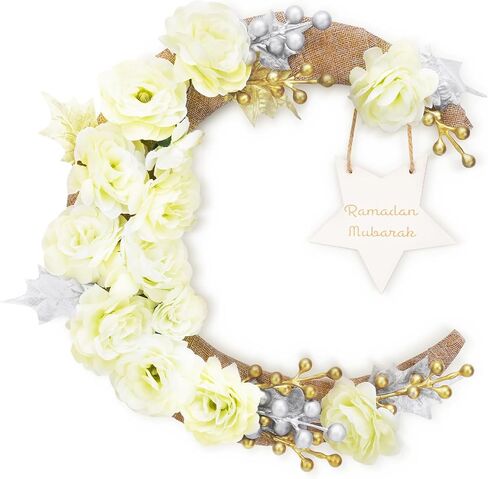 Ramadan Door Wreath Eid Ramadan Mubarak Decorations for Home Front Door Wall Window Indoors Outdoor Farmhouse Decor with Artificial Flowers Metal Champagne 12.6 Inches in Saudi Arabia