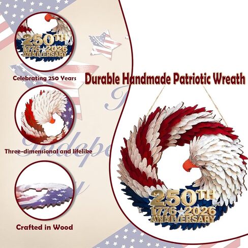 250th Anniversary Eagle Wreath for Front Door, Red White and Blue Patriotic Brave Wings Wreath, Handmade Burlap Garland for 4th of July Memorial Day Porch Wall Decor in Saudi Arabia