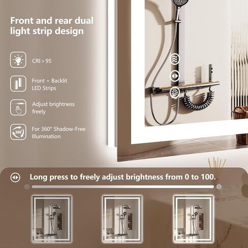 30x36 LED Bathroom Mirror with Lights - Dimmable, Anti-Fog, 3 Color Backlit & Front Lit Mirror for Bathroom, Shatter-Proof Tempered Glass, Easy Installation in Kuwait