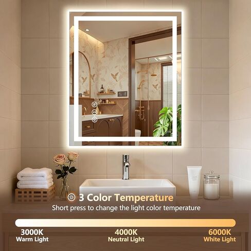 30x36 LED Bathroom Mirror with Lights - Dimmable, Anti-Fog, 3 Color Backlit & Front Lit Mirror for Bathroom, Shatter-Proof Tempered Glass, Easy Installation in Kuwait
