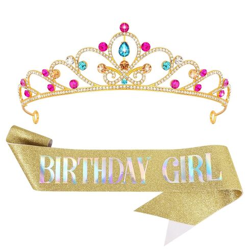 CUBACO Purple Rapunzel Birthday Girl Crown and Sash Set, Rose Gold Tiara with “BIRTHDAY GIRL" Sash for Women, Princess Party Accessories Purple Rapunzel Birthday Decorations, Quinceanera Halloween in Kuwait