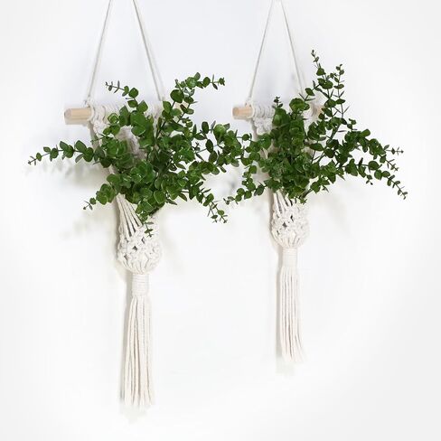 Macrame Wall Hanging Plants with LED Lights, White Cotton Rope, Wooden Dowel, Boho Woven Plant Holders with Artificial Eucalyptus Leaves, Wall Decor, Set of 2 (Green) in Saudi Arabia