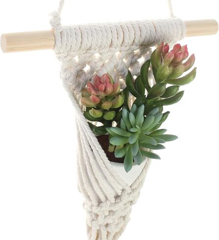 Macrame Wall Hanging Plants with LED Lights, White Cotton Rope, Wooden Dowel, Boho Woven Plant Holders with Artificial Eucalyptus Leaves, Wall Decor, Set of 2 (Green) in Saudi Arabia