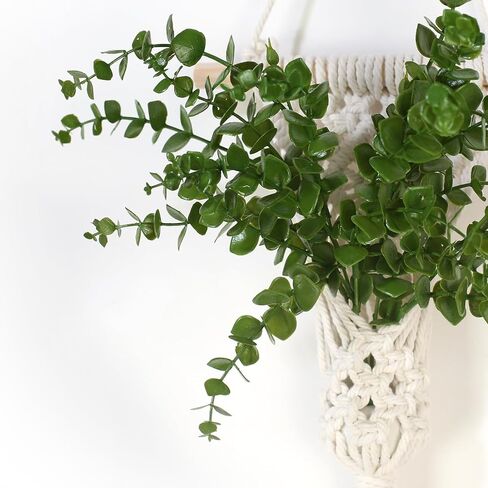 Macrame Wall Hanging Plants with LED Lights, White Cotton Rope, Wooden Dowel, Boho Woven Plant Holders with Artificial Eucalyptus Leaves, Wall Decor, Set of 2 (Green) in Saudi Arabia