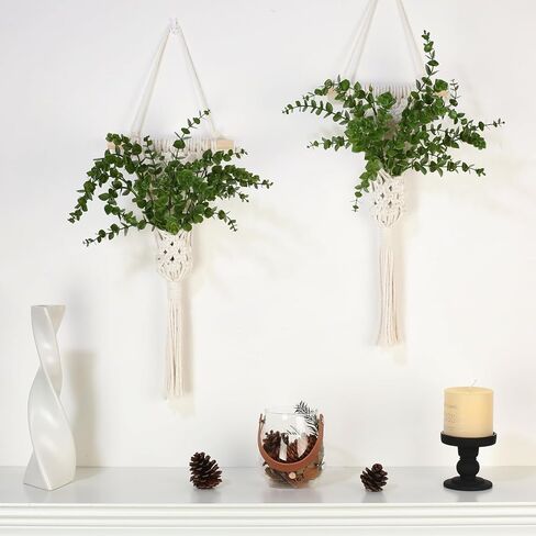 Macrame Wall Hanging Plants with LED Lights, White Cotton Rope, Wooden Dowel, Boho Woven Plant Holders with Artificial Eucalyptus Leaves, Wall Decor, Set of 2 (Green) in Saudi Arabia