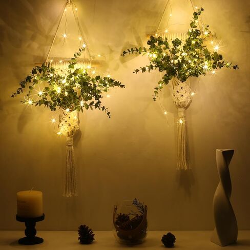 Macrame Wall Hanging Plants with LED Lights, White Cotton Rope, Wooden Dowel, Boho Woven Plant Holders with Artificial Eucalyptus Leaves, Wall Decor, Set of 2 (Green) in Saudi Arabia