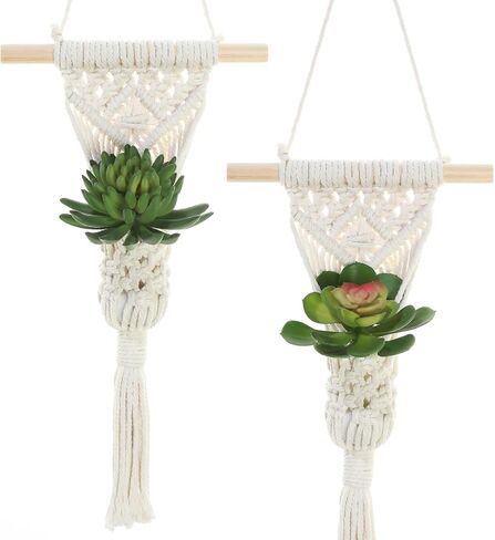 Macrame Wall Hanging Plants with LED Lights, White Cotton Rope, Wooden Dowel, Boho Woven Plant Holders with Artificial Eucalyptus Leaves, Wall Decor, Set of 2 (Green) in Saudi Arabia
