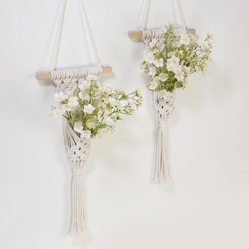 Macrame Wall Hanging Plants with LED Lights, White Cotton Rope, Wooden Dowel, Boho Woven Plant Holders with Artificial Eucalyptus Leaves, Wall Decor, Set of 2 (Green) in Saudi Arabia