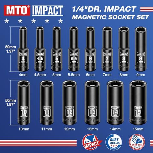 مجموعة مقابس مغناطيسية عميقة 14 قطعة مقاس 1/4 بوصة من MTO، حجم متري (4 مم - 15 مم) 6 مقابس in Kuwait