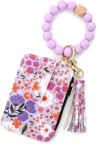 سلسلة مفاتيح محفظة مطرزة بوهو للنساء - حامل بطاقات أنيق مزين بالزهور مع شرابة - محفظة معصم صغيرة للبطاقات والنقود والمفاتيح - هدية للأمهات والزوجات والأصدقاء (أرجواني) in Kuwait