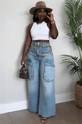 Cargo Jeans for Women High Waisted Baggy Wide Leg Casual Loose Stretchy Streetwear Denim Pants with 6 Pockets Trendy in Saudi Arabia