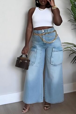 Cargo Jeans for Women High Waisted Baggy Wide Leg Casual Loose Stretchy Streetwear Denim Pants with 6 Pockets Trendy in Saudi Arabia