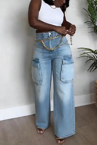 Cargo Jeans for Women High Waisted Baggy Wide Leg Casual Loose Stretchy Streetwear Denim Pants with 6 Pockets Trendy in Saudi Arabia