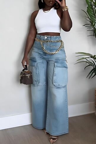 Cargo Jeans for Women High Waisted Baggy Wide Leg Casual Loose Stretchy Streetwear Denim Pants with 6 Pockets Trendy in Saudi Arabia