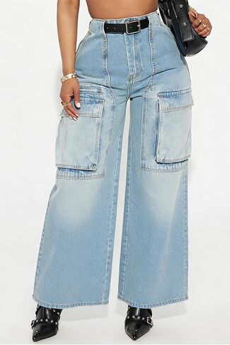 Cargo Jeans for Women High Waisted Baggy Wide Leg Casual Loose Stretchy Streetwear Denim Pants with 6 Pockets Trendy in Saudi Arabia