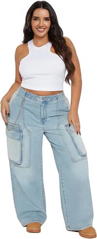 Cargo Jeans for Women High Waisted Baggy Wide Leg Casual Loose Stretchy Streetwear Denim Pants with 6 Pockets Trendy in Saudi Arabia