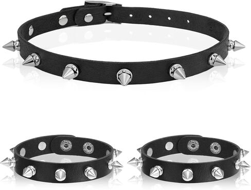 3PCS Leather Gothic Spiked Choker, Black Vintage Studded Bracelets Collar Necklaces, Adjustable Punk Accessories for Men & Women, Goth Costume Jewelry for Halloween in Saudi Arabia