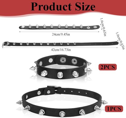 3PCS Leather Gothic Spiked Choker, Black Vintage Studded Bracelets Collar Necklaces, Adjustable Punk Accessories for Men & Women, Goth Costume Jewelry for Halloween in Saudi Arabia