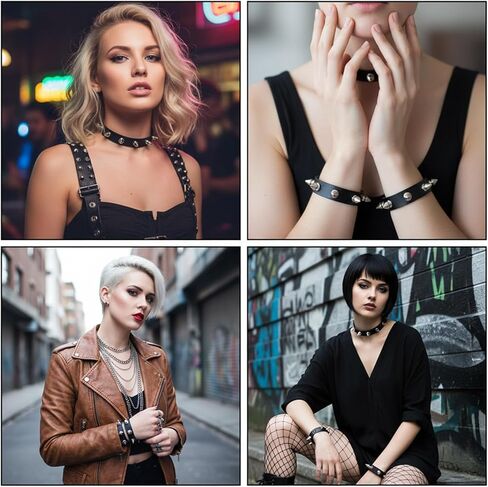 3PCS Leather Gothic Spiked Choker, Black Vintage Studded Bracelets Collar Necklaces, Adjustable Punk Accessories for Men & Women, Goth Costume Jewelry for Halloween in Saudi Arabia