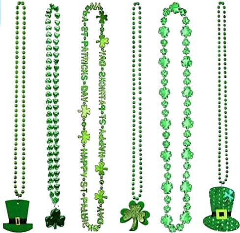Pack of 6 St. Patrick's Day Shamrock Necklace Clover Green Bead Party Favors Irish Beer Decor Metallic Green 33in in Kuwait