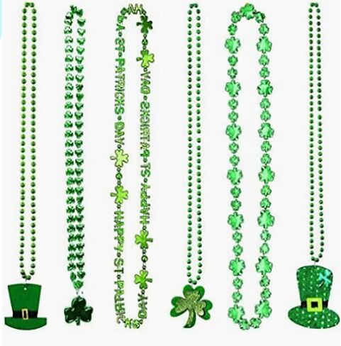 Pack of 6 St. Patrick's Day Shamrock Necklace Clover Green Bead Party Favors Irish Beer Decor Metallic Green 33in in Kuwait
