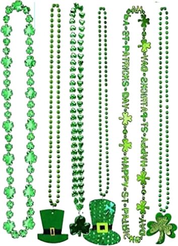 Pack of 6 St. Patrick's Day Shamrock Necklace Clover Green Bead Party Favors Irish Beer Decor Metallic Green 33in in Kuwait