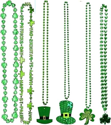 Pack of 6 St. Patrick's Day Shamrock Necklace Clover Green Bead Party Favors Irish Beer Decor Metallic Green 33in in Kuwait