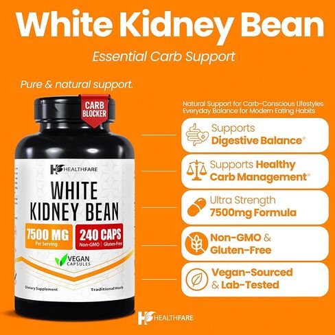 White Kidney Bean Extract | 7,500 mg | 240 Capsules | Potent Formula | Non-GMO & Gluten Free | Organic | Made in The USA in Kuwait