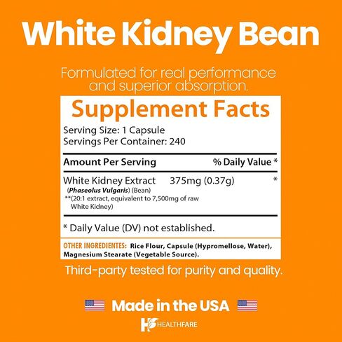 White Kidney Bean Extract | 7,500 mg | 240 Capsules | Potent Formula | Non-GMO & Gluten Free | Organic | Made in The USA in Kuwait
