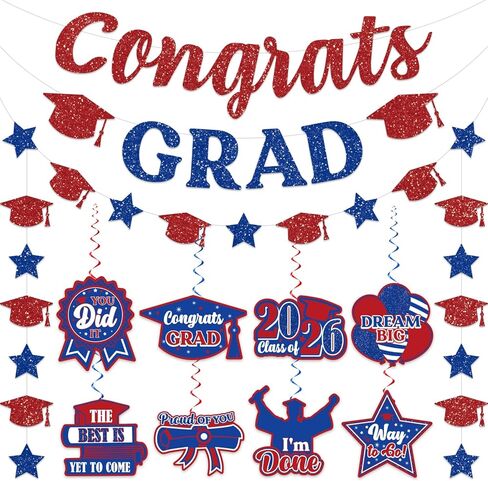 Red and Blue Graduation Decorations Banner Garland Swirls, NO-DIY Glitter Graduation Party Decorations Congrats Grad Banner Garland, Class of 2024 Blue and Red Graduation Decorations for Grad Party in Kuwait