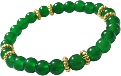St Patrick's Day Green Glass Beaded Stretch Bracelet with 18K Gold Plated Spacers, 8mm Beads, 7 Inch Circumference in Saudi Arabia