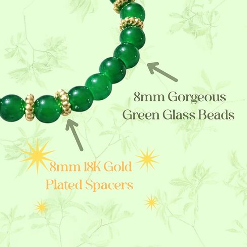 St Patrick's Day Green Glass Beaded Stretch Bracelet with 18K Gold Plated Spacers, 8mm Beads, 7 Inch Circumference in Saudi Arabia