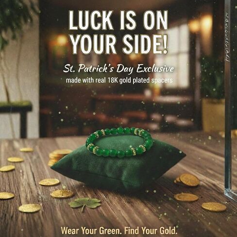 St Patrick's Day Green Glass Beaded Stretch Bracelet with 18K Gold Plated Spacers, 8mm Beads, 7 Inch Circumference in Saudi Arabia
